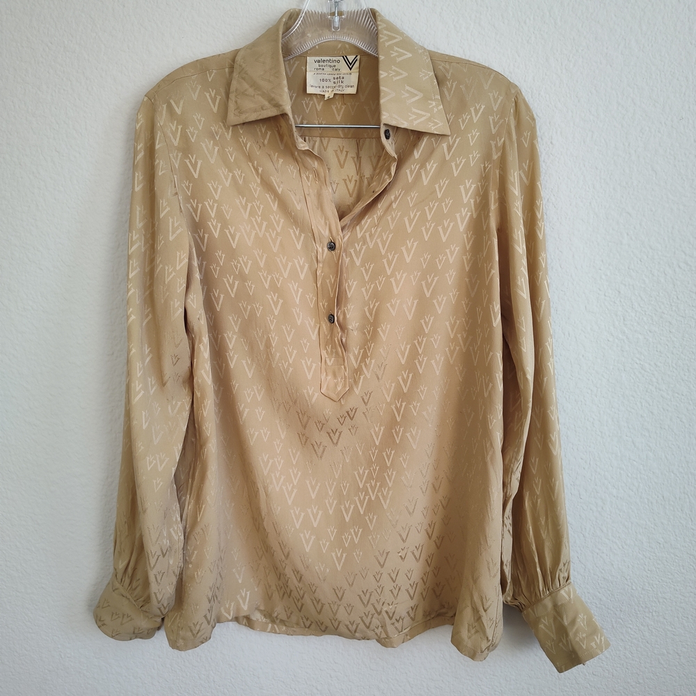 🌸 Valentino Tan V-Pattern Long Sleeve Silk Blouse